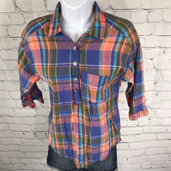 Aerie Plaid 3/4 Dolman Sleeve Button Down Shirt - Picture 2 of 7